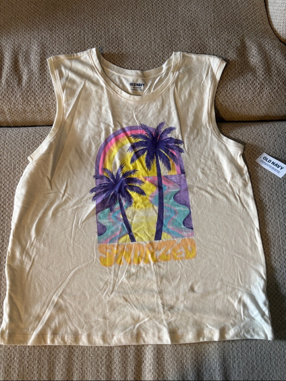Old Navy Cream Graphic Palm Tree Tank with Purple and Yellow Accents